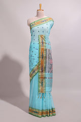 Pastel blue south cotton saree body with woven buttasborder featuring multicolour Ikat patterns woven pallu with a matching blouse