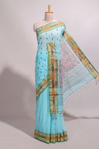 Pastel blue south cotton saree body with woven buttas  border featuring multicolour Ikat patterns woven pallu with a matching blouse