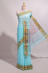 Pastel blue south cotton saree body with woven buttasborder featuring multicolour Ikat patterns woven pallu with a matching blouse