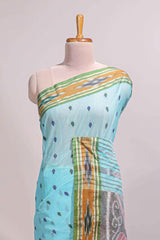 Pastel blue south cotton saree body with woven buttasborder featuring multicolour Ikat patterns woven pallu with a matching blouse