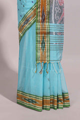 Pastel blue south cotton saree body with woven buttasborder featuring multicolour Ikat patterns woven pallu with a matching blouse
