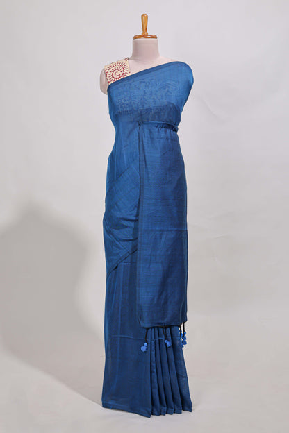 Navy blue plain south cotton sarees with contrast  warli printed blouse