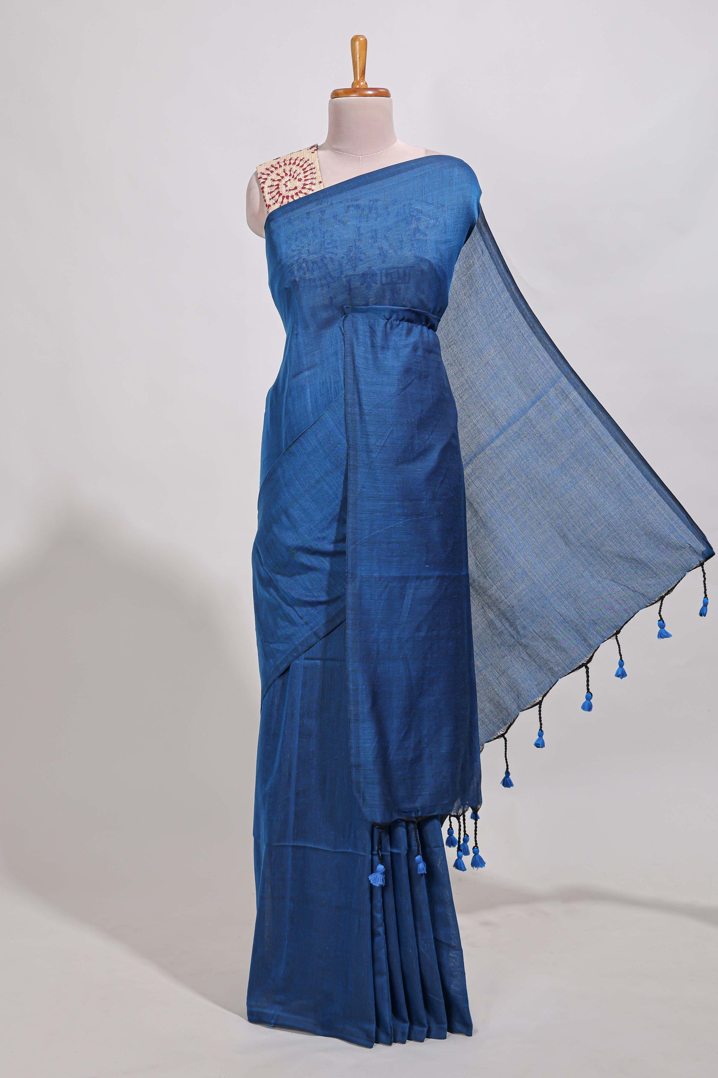 Navy blue plain south cotton sarees with contrast  warli printed blouse