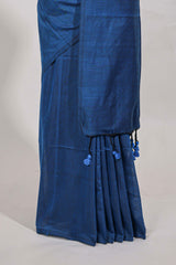 Navy blue plain south cotton sarees with contrastwarli printed blouse