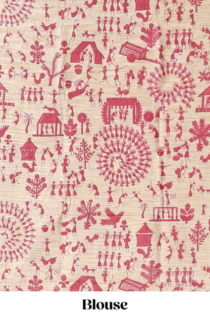 Navy blue plain south cotton sarees with contrast  warli printed blouse