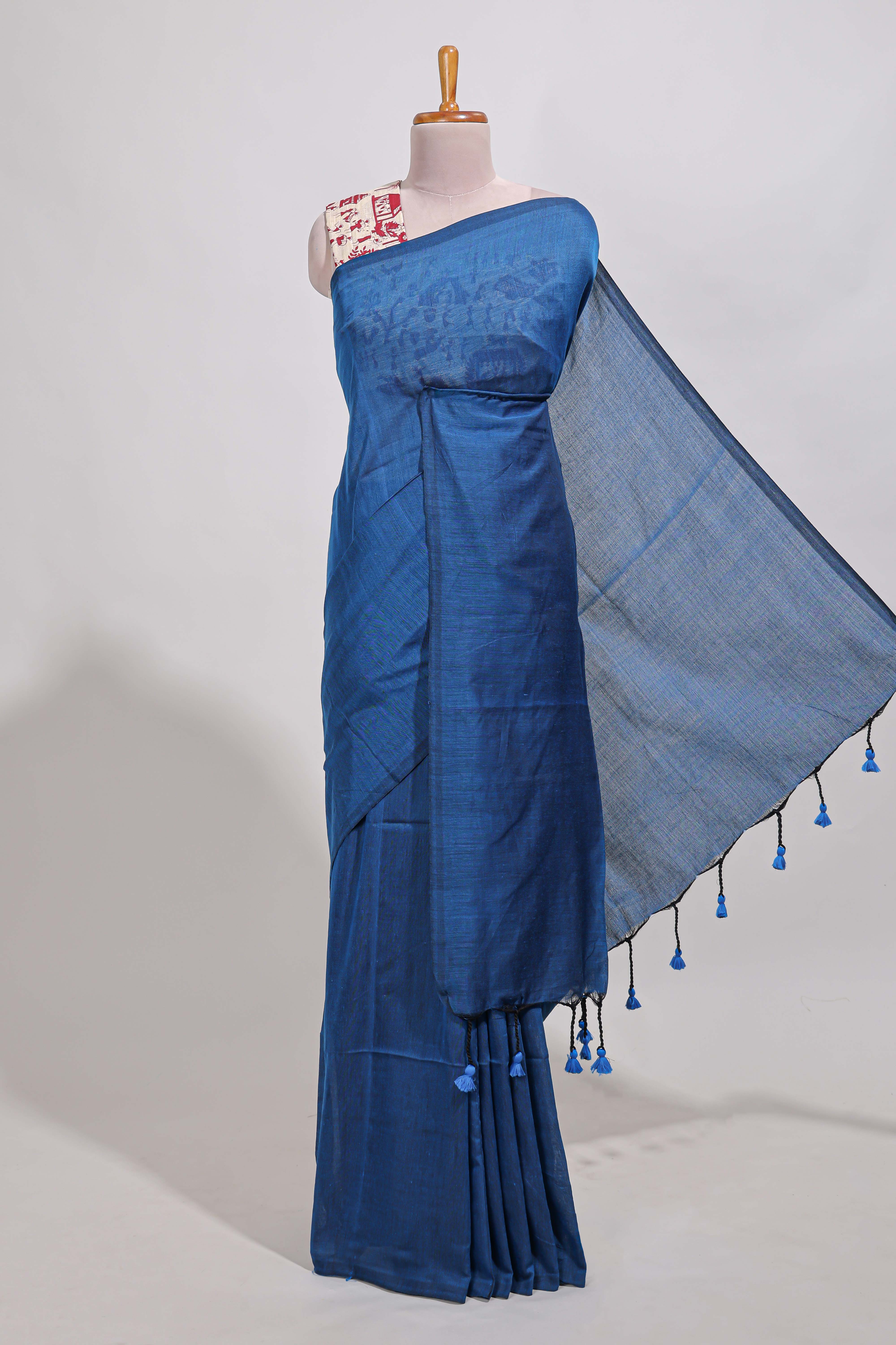 Navy blue plain south cotton sarees with contrastwarli printed blouse