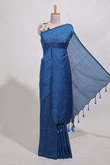 Navy blue plain south cotton sarees with contrastwarli printed blouse