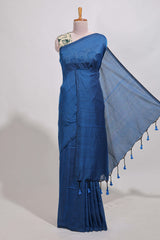 Navy blue plain south cotton sarees with contrastwarli printed blouse