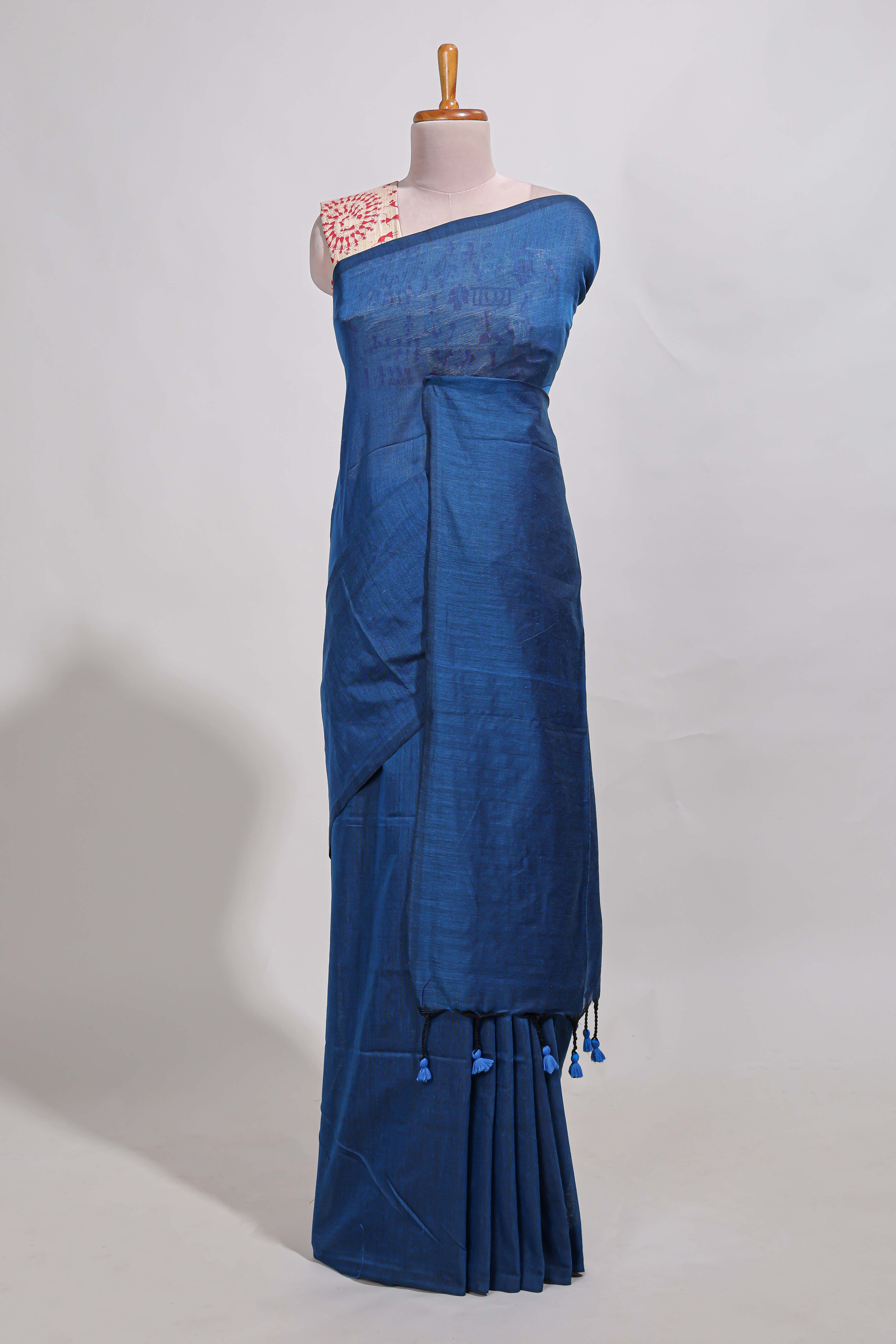 Navy blue plain south cotton sarees with contrastwarli printed blouse