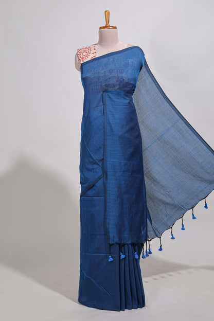 Navy blue plain south cotton sarees with contrast  warli printed blouse