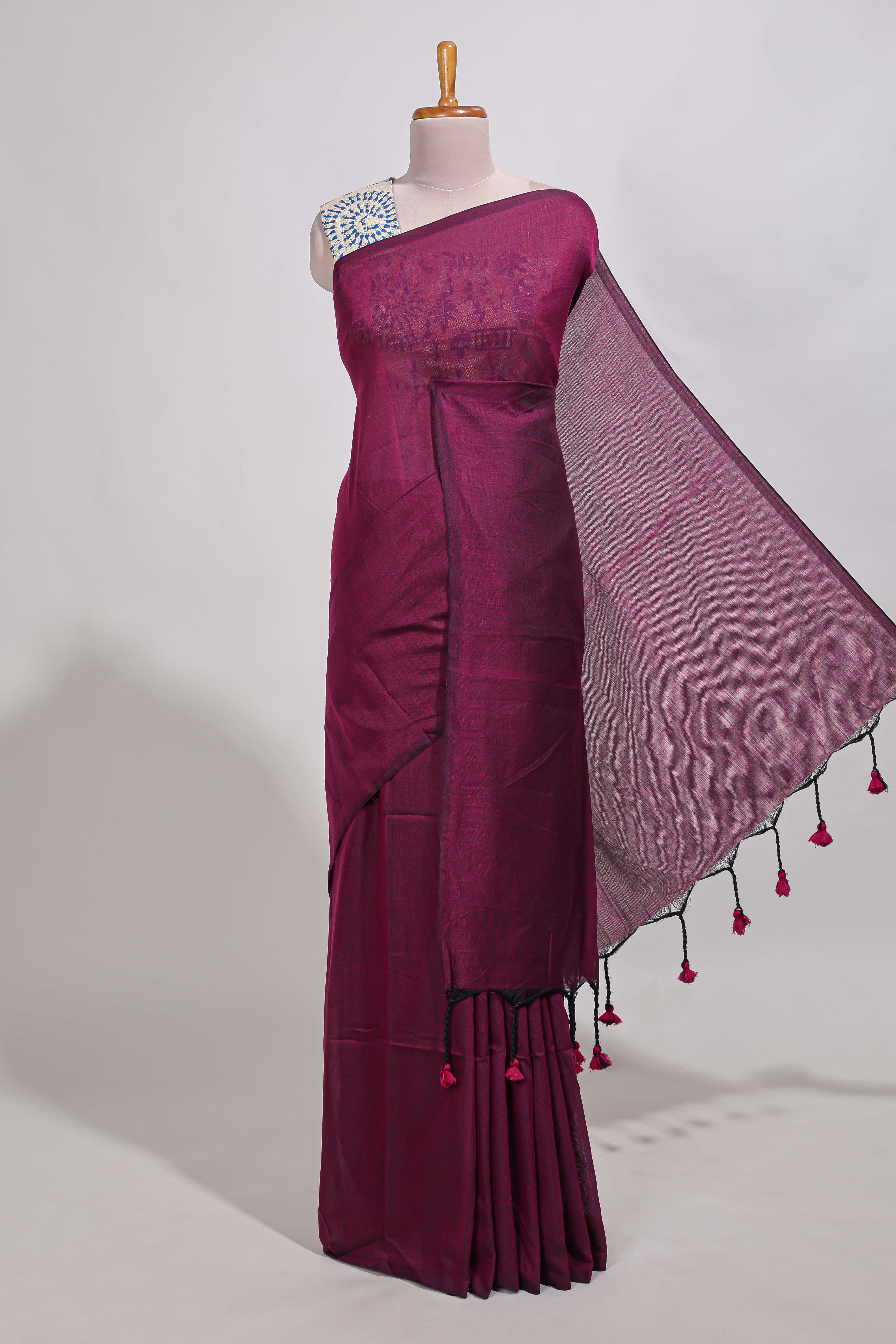 Violet plain south cotton sarees with contrastwarli printed blouse