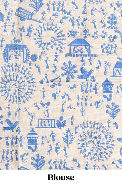 Violet plain south cotton sarees with contrast  warli printed blouse