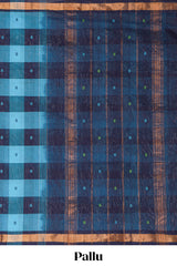 Blue cheked floral motifs design south cotton saree with self zari border and matching pallu