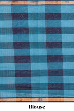 Blue cheked floral motifs design south cotton saree with self zari border and matching pallu