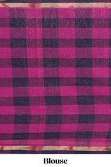 Pink cheked floral motifs design south cotton saree with self zari border and matching pallu
