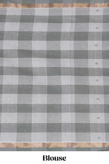 Grey cheked floral motifs design south cotton saree with self zari border and matching pallu