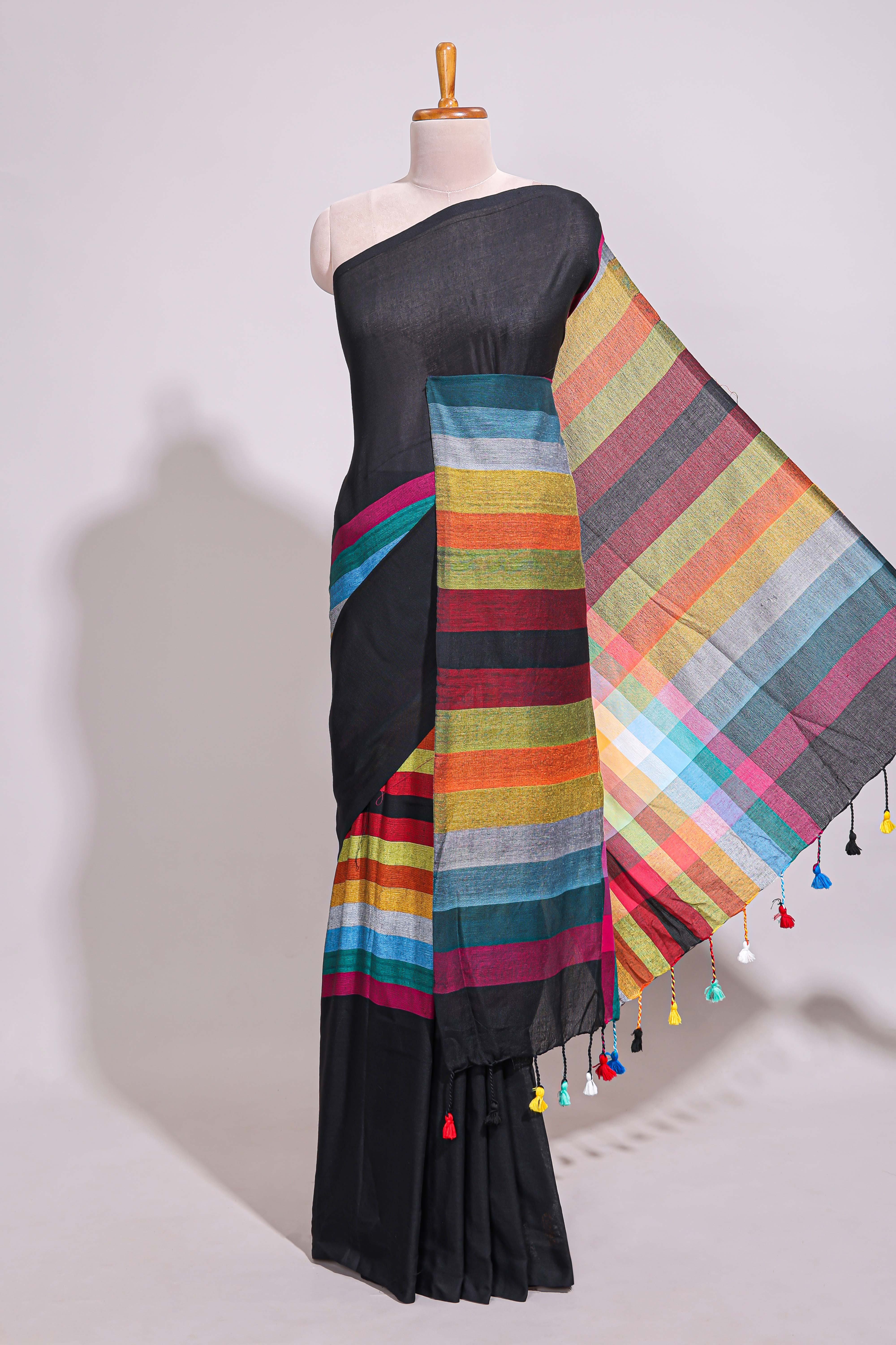 Multi color striped south cotton sarees with contrast border and matching blouse