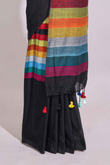 Multi color striped south cotton sarees with contrast border and matching blouse