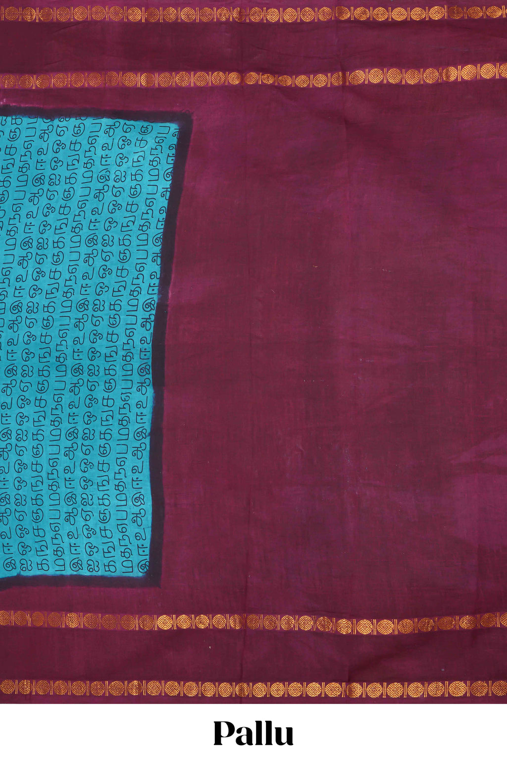 Turquiose blue tamil script print sungudi cotton saree with contrast zari bentex border and pallu