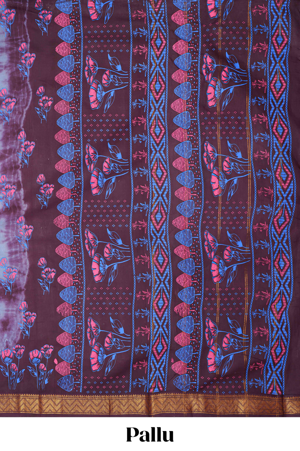 Pale blue with brown floral design shibori print sungudi cotton saree with contrast zari bentex border and pallu