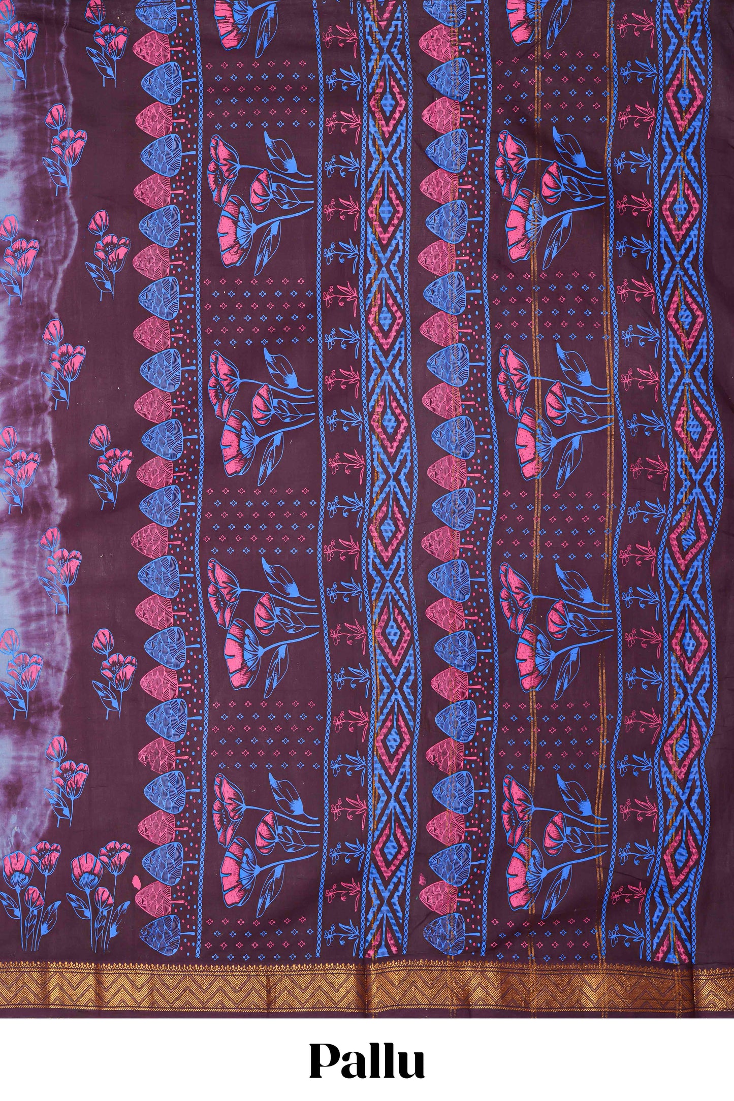 Pale blue with brown floral design shibori print sungudi cotton saree with contrast zari bentex border and pallu