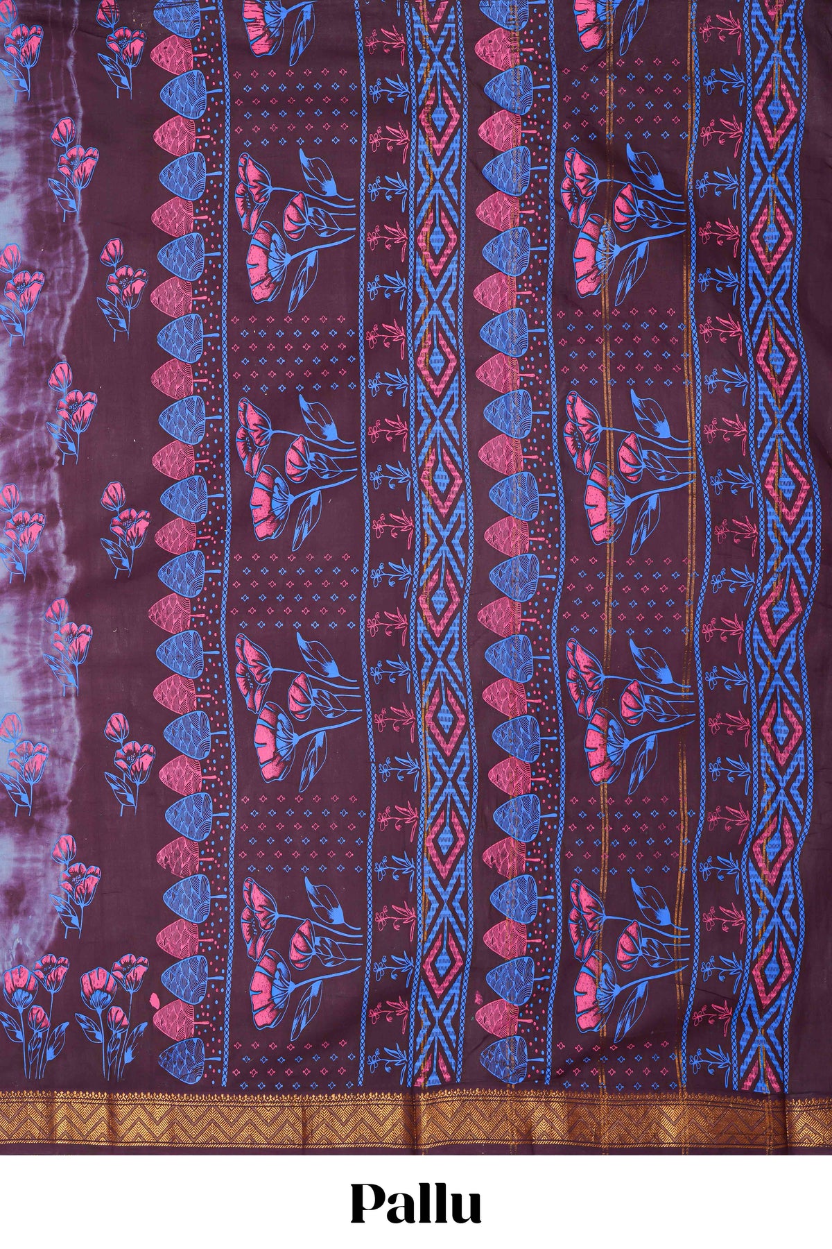 Pale blue with brown floral design shibori print sungudi cotton saree with contrast zari bentex border and pallu