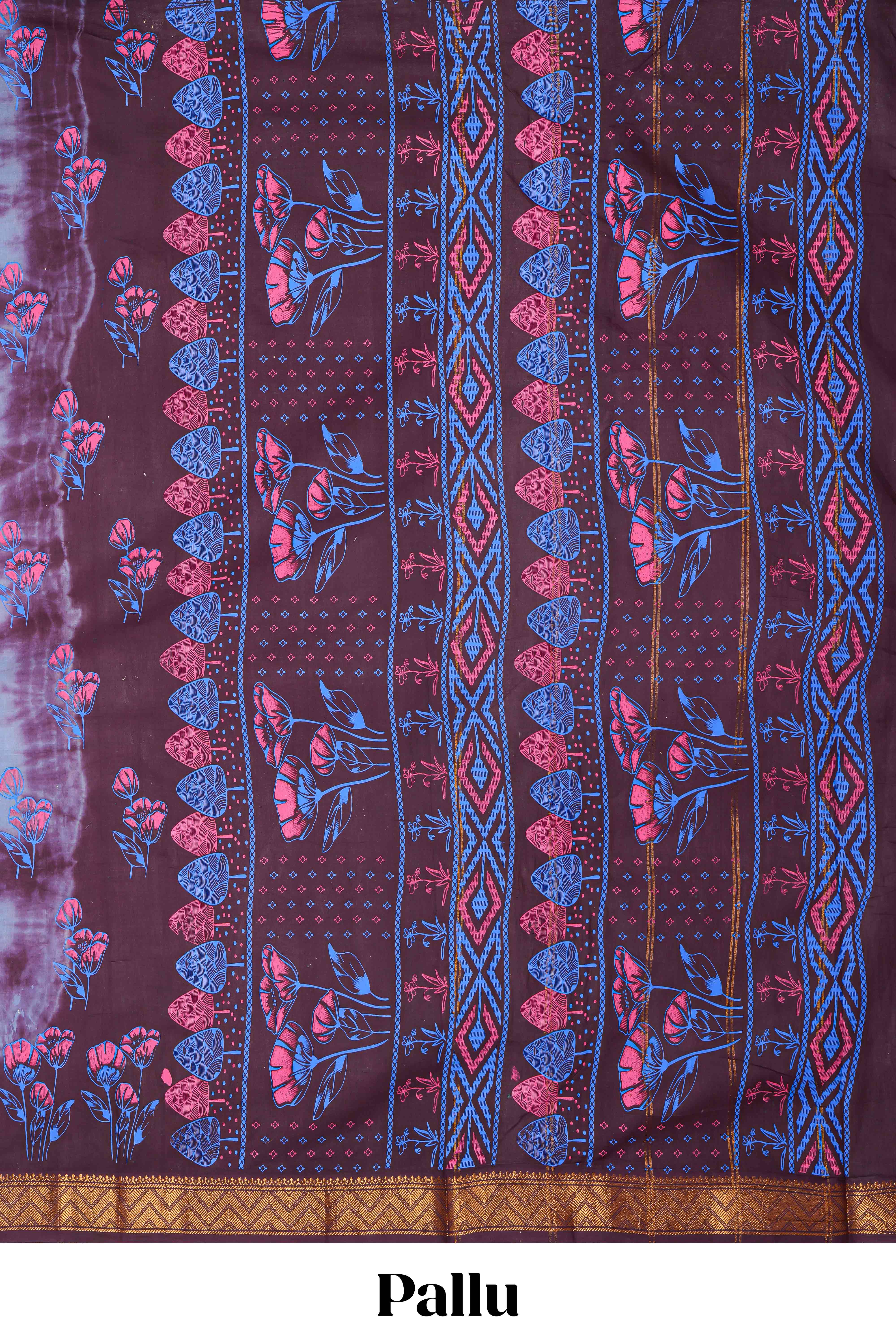 Pale blue with brown floral design shibori print sungudi cotton saree with contrast zari bentex border and pallu