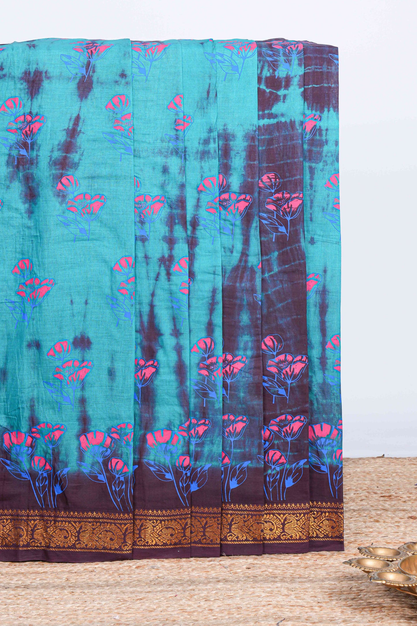 Turquiose blue with brown floral design shibori print sungudi cotton saree with contrast zari bentex border and pallu