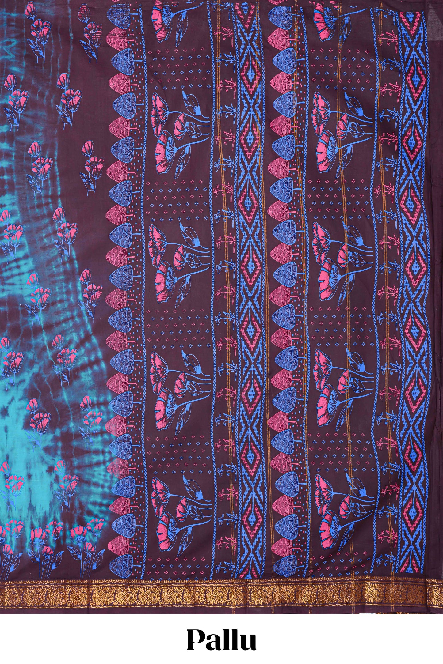 Turquiose blue with brown floral design shibori print sungudi cotton saree with contrast zari bentex border and pallu
