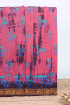 Pink with brown floral design shibori print sungudi cotton saree with contrast zari bentex border and pallu