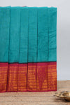 Elegant turquoise blue Sungudi cotton saree with contrast temple inspired pattern border and contrast pallu along with matching blouse