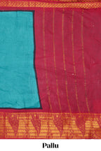 Elegant turquoise blue Sungudi cotton saree with contrast temple inspired pattern border and contrast pallu along with matching blouse