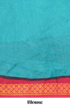 Elegant turquoise blue Sungudi cotton saree with contrast temple inspired pattern border and contrast pallu along with matching blouse