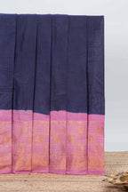 Elegant navy blue Sungudi cotton saree with contrast temple inspired pattern border and contrast pallu along with matching blouse