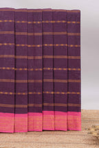 Deep wine Sungudi cotton saree with gold zari stripe motifs a contrasting  zari border checked pallu and contrast blouse