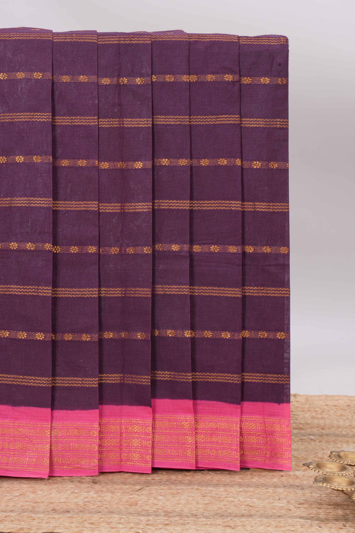 Deep wine Sungudi cotton saree with gold zari stripe motifs a contrasting  zari border checked pallu and contrast blouse
