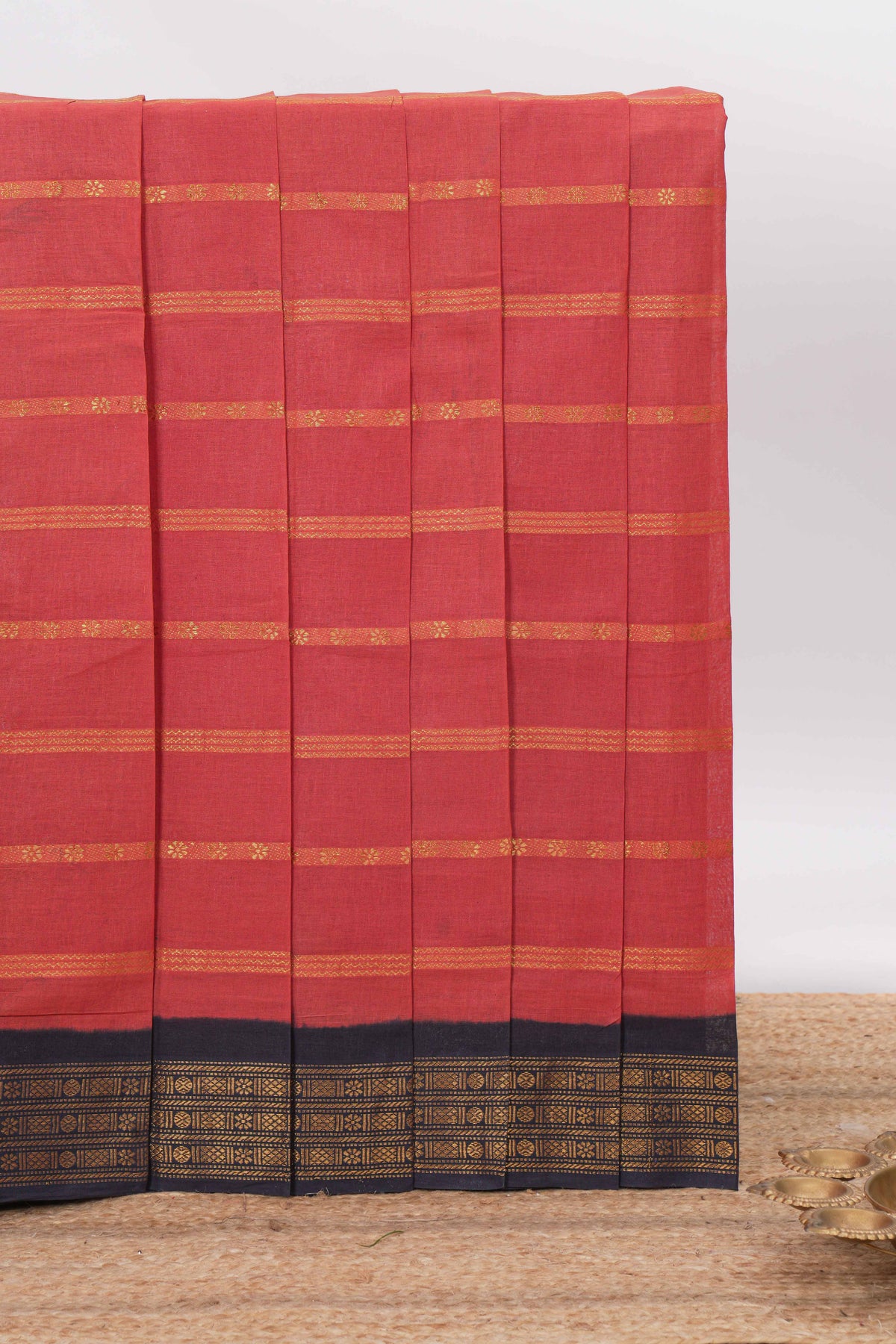 Red Sungudi cotton saree with gold zari stripe motifs a contrasting  zari border checked pallu and contrast blouse