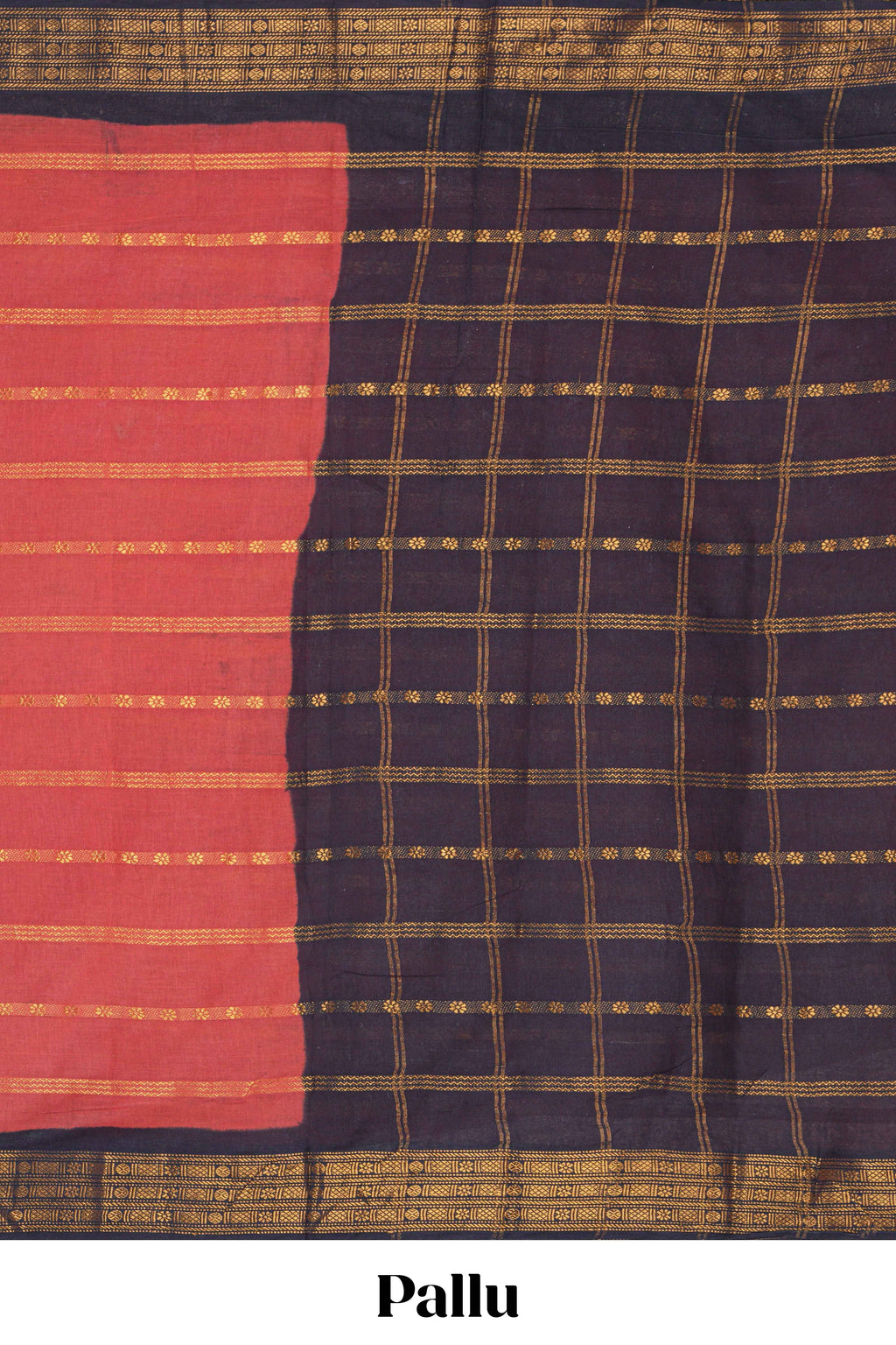 Red Sungudi cotton saree with gold zari stripe motifs a contrasting  zari border checked pallu and contrast blouse