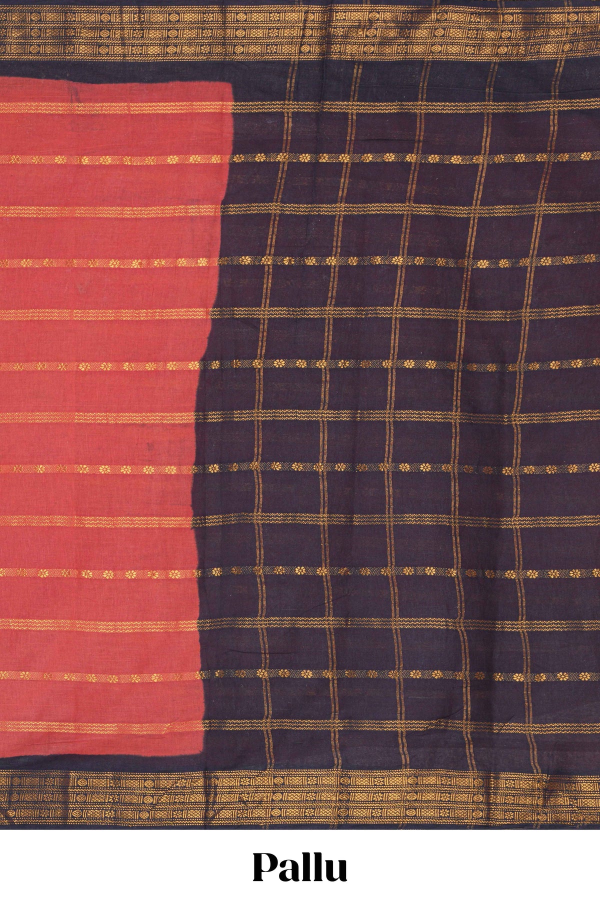 Red Sungudi cotton saree with gold zari stripe motifs a contrasting  zari border checked pallu and contrast blouse