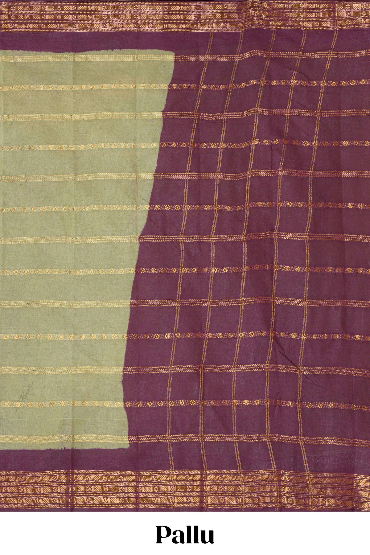 Pastel green Sungudi cotton saree with gold zari stripe motifs a contrasting  zari border checked pallu and contrast blouse