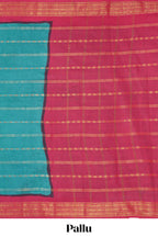 Rama green Sungudi cotton saree with gold zari stripe motifs a contrasting  zari border checked pallu and contrast blouse