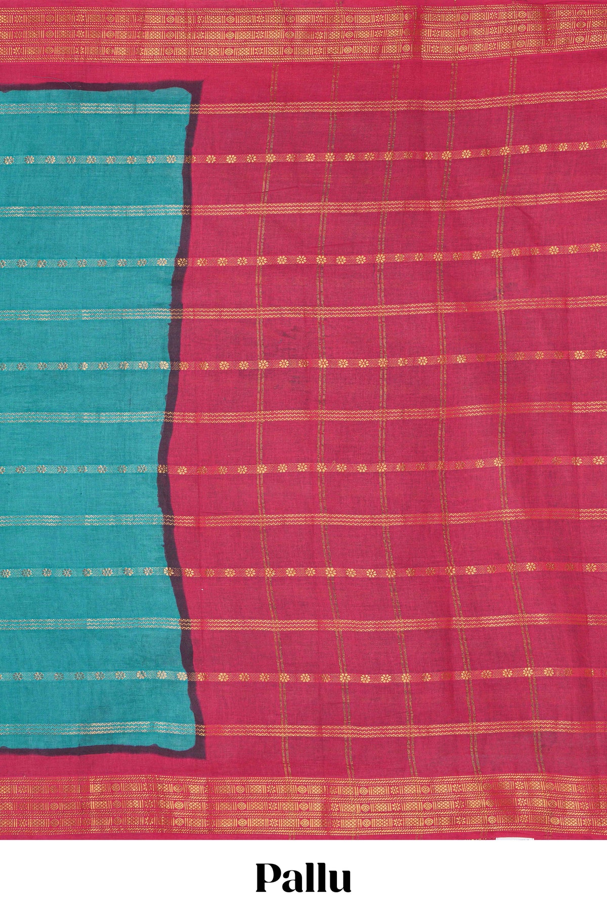 Rama green Sungudi cotton saree with gold zari stripe motifs a contrasting  zari border checked pallu and contrast blouse