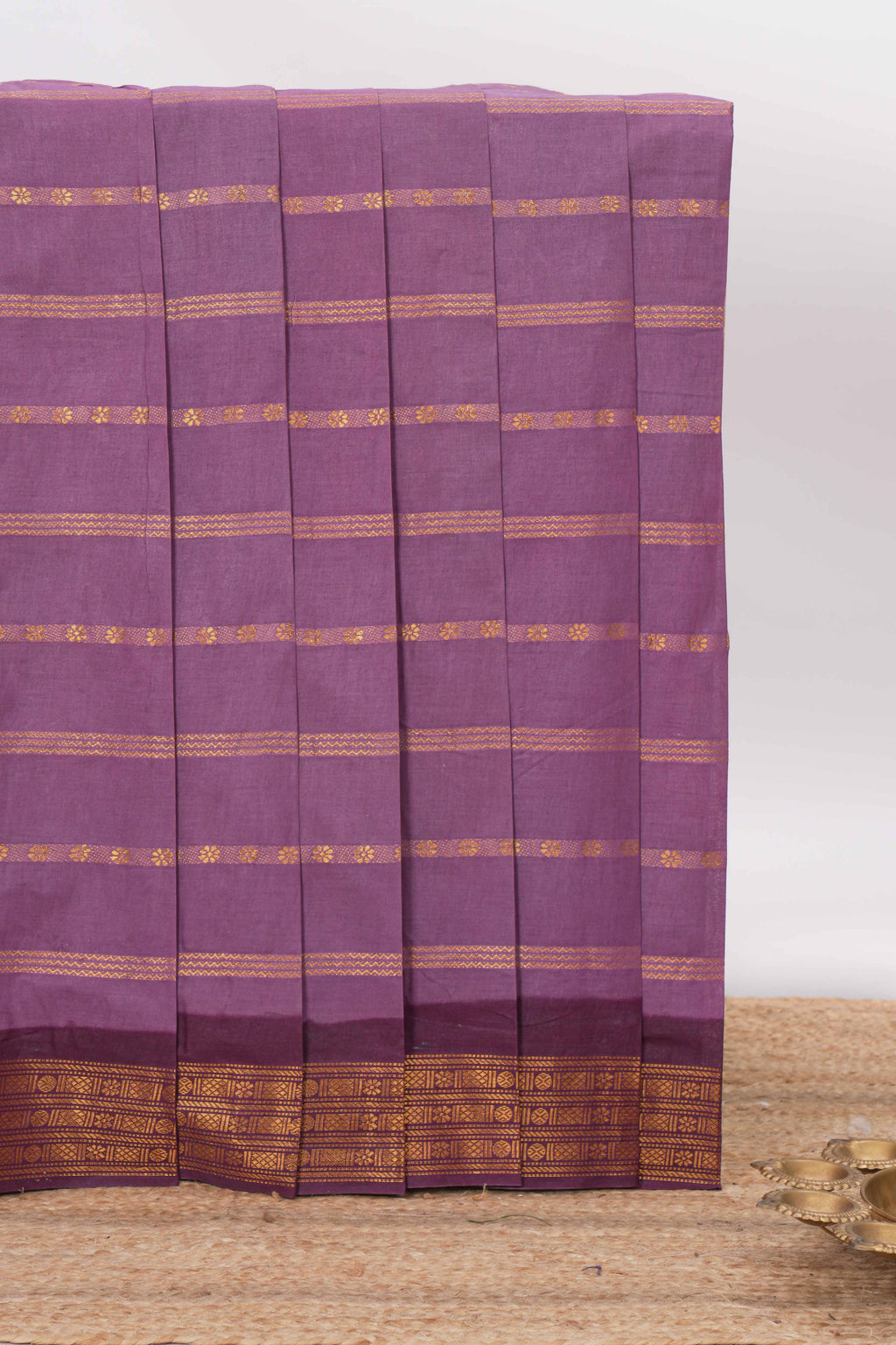 Violet Sungudi cotton saree with gold zari stripe motifs a contrasting  zari border checked pallu and contrast blouse
