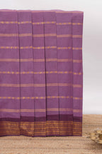 Violet Sungudi cotton saree with gold zari stripe motifs a contrasting  zari border checked pallu and contrast blouse