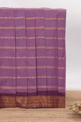 Violet Sungudi cotton saree with gold zari stripe motifs a contrastingzari border checked pallu and contrast blouse