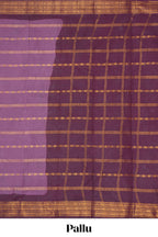 Violet Sungudi cotton saree with gold zari stripe motifs a contrasting  zari border checked pallu and contrast blouse