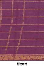 Violet Sungudi cotton saree with gold zari stripe motifs a contrasting  zari border checked pallu and contrast blouse