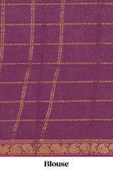 Violet Sungudi cotton saree with gold zari stripe motifs a contrastingzari border checked pallu and contrast blouse
