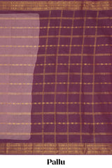 Dark peach Sungudi cotton saree with gold zari stripe motifs a contrastingzari border checked pallu and contrast blouse