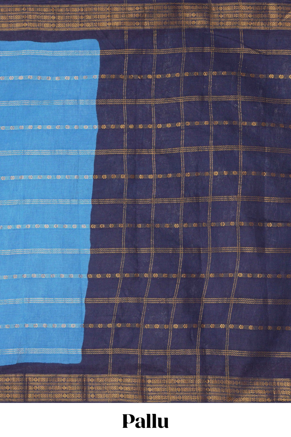Blue Sungudi cotton saree with gold zari stripe motifs a contrasting  zari border checked pallu and contrast blouse